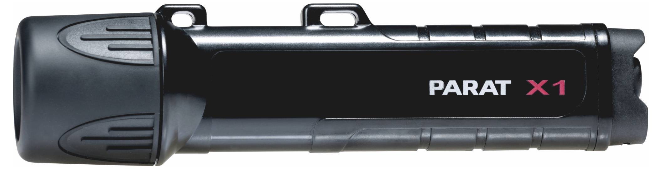 Lampe de poche noire avec l'inscription 'PARAT X1' sur le côté. Design robuste, adaptée à une utilisation professionnelle.