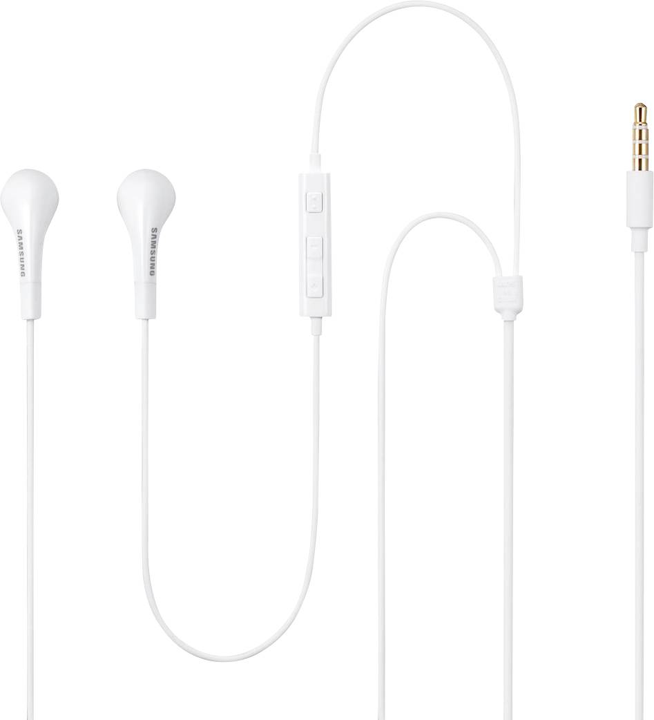 Écouteurs blancs avec un microphone intégré et un contrôle de volume, reliés par un câble fin à une prise audio jack 3,5 mm.