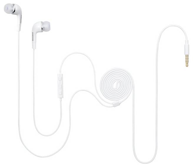 Écouteurs blancs intra-auriculaires avec câble anti-enchevêtrement et télécommande intégrée pour le contrôle audio, se terminant par une prise jack audio de 3,5 mm.