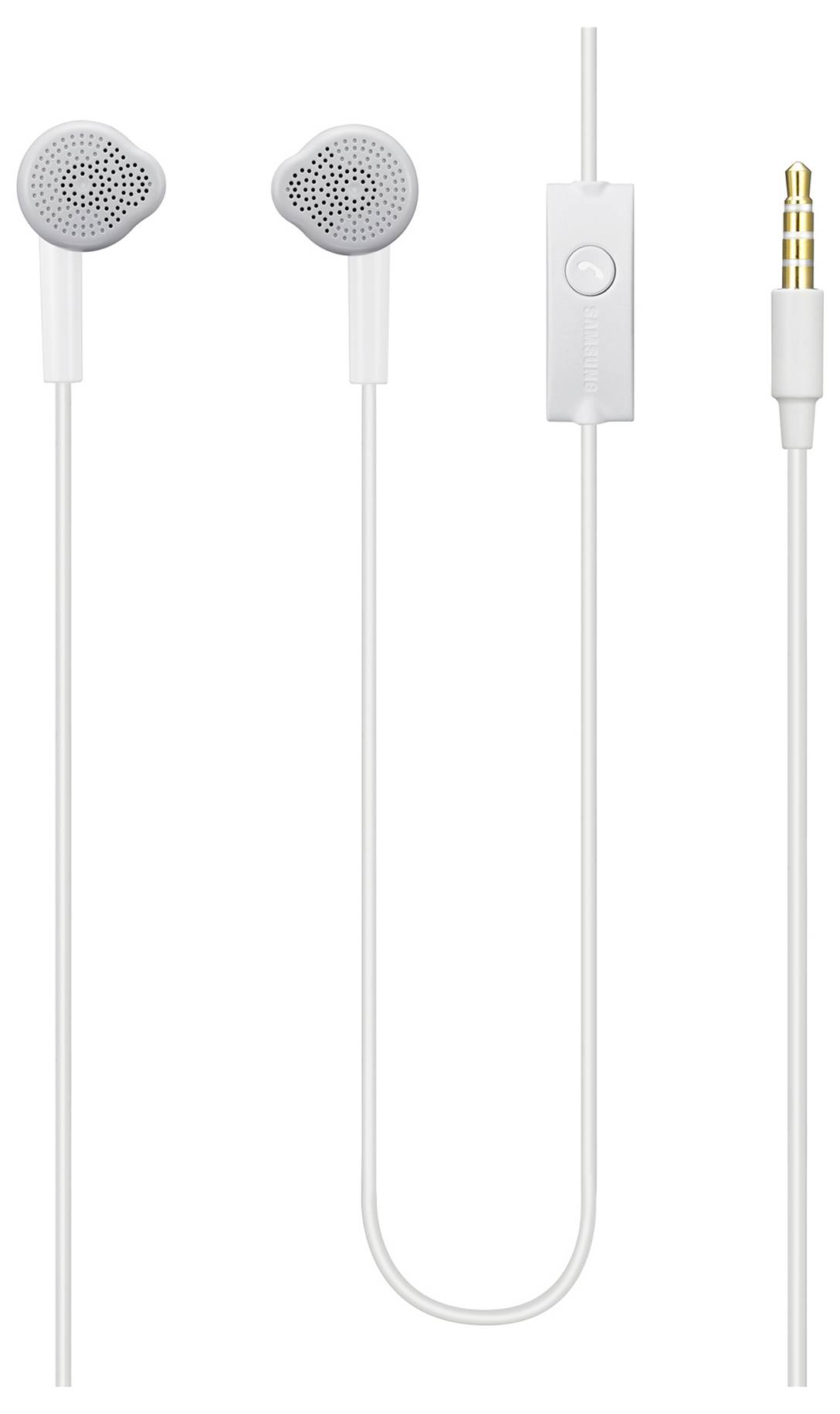 Écouteurs filaires blancs avec un bouton de commande intégré et un connecteur jack de 3,5 mm, photographiés sur un fond blanc.