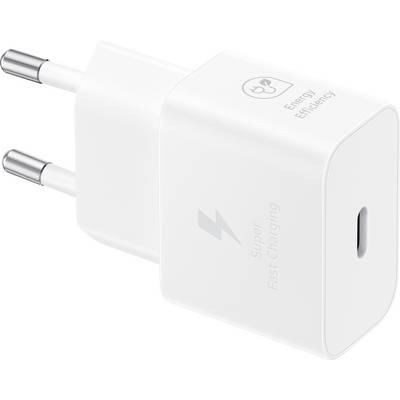Un adaptateur de chargement rapide blanc USB-C avec l'étiquette « Charge Super Rapide » et un graphique d'« Efficacité Énergétique » sur le côté.