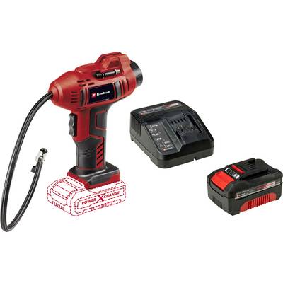 Compresseur de batterie, rouge et noir, avec batterie amovible et chargeur, sur un fond blanc. Adapté pour gonfler les pneus.