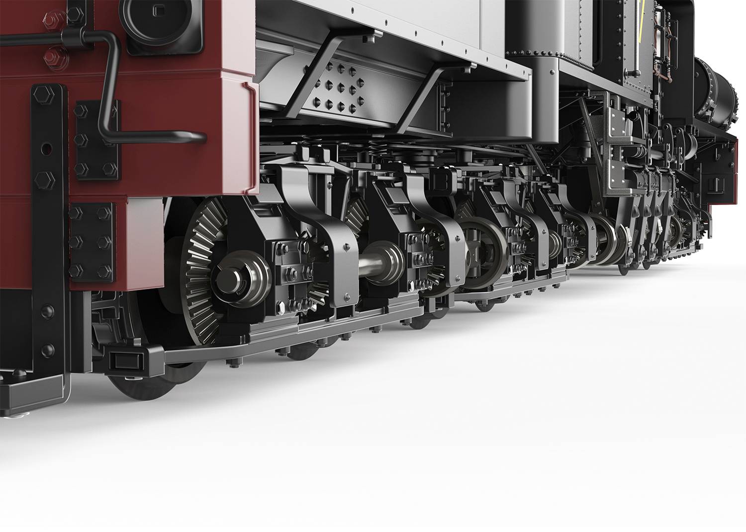 Locomotive noir et rouge, gros plan sur les roues et le système de propulsion, montrant la complexité et la mécanique ferroviaire.