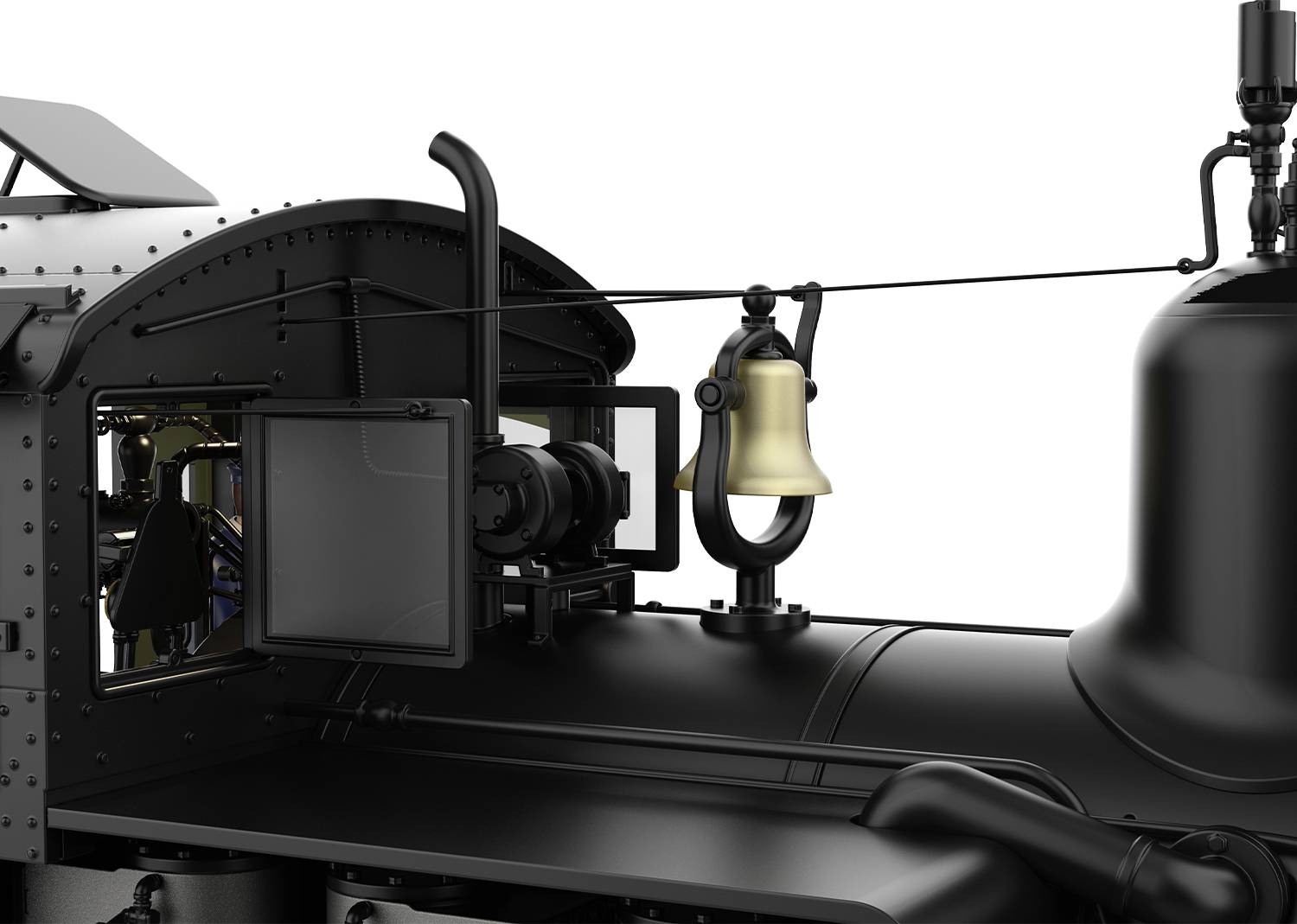 Gros plan d'une locomotive à vapeur historique. Une cloche dorée est visible, avec des vues détaillées de tubes et de vannes sur une surface noir mat.