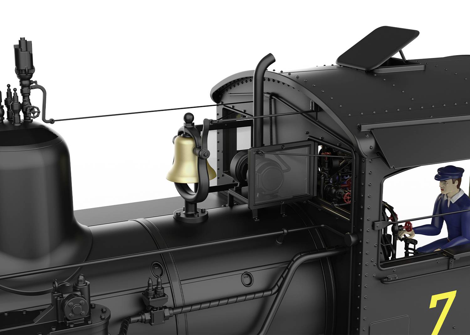 Un conducteur de train en uniforme bleu est assis dans la cabine d'une locomotive à vapeur noire et manipule les commandes.