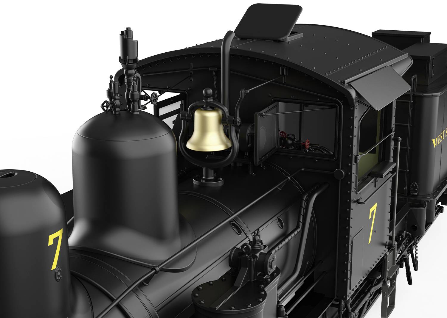 Un train à vapeur noir avec le numéro jaune '7', dont on peut voir une grande chaudière, une cloche et la cabine du conducteur.