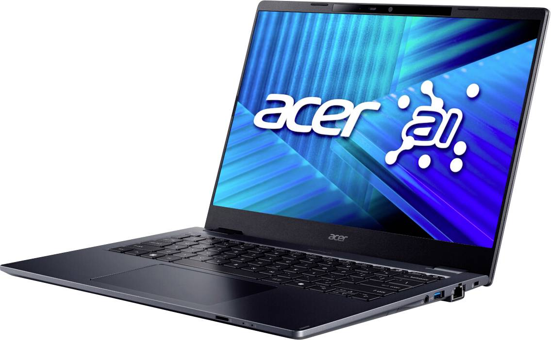 Un ordinateur portable Acer élégant affiche un design géométrique bleu vif sur son écran, avec le logo Acer et 'ai' dans une police stylisée.