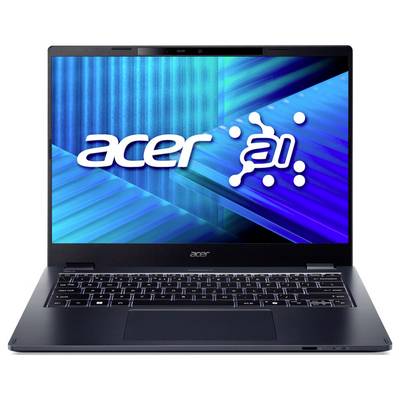 Un ordinateur portable Acer affichant un écran avec les mots « Acer » et « IA » sur un fond numérique bleu et vert. L'appareil possède un clavier noir.