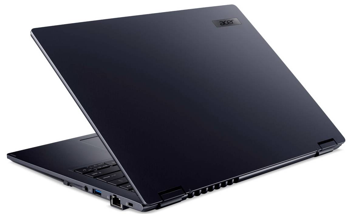 Un ordinateur portable élégant, gris fermé, vu de dos, mettant en valeur son logo de marque et ses ports latéraux, évoquant la technologie moderne.
