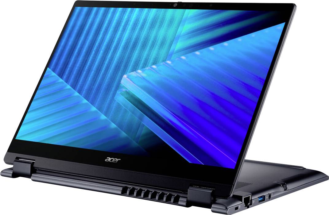 Un ordinateur portable Acer en mode tente affichant un design abstrait bleu vibrant sur l'écran, illustrant sa fonctionnalité polyvalente de convertible 2-en-1.