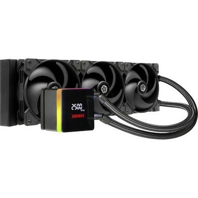 Un système de refroidissement liquide noir pour ordinateur avec trois ventilateurs et un affichage numérique indiquant « 2500 tr/min », de la marque Enermax.