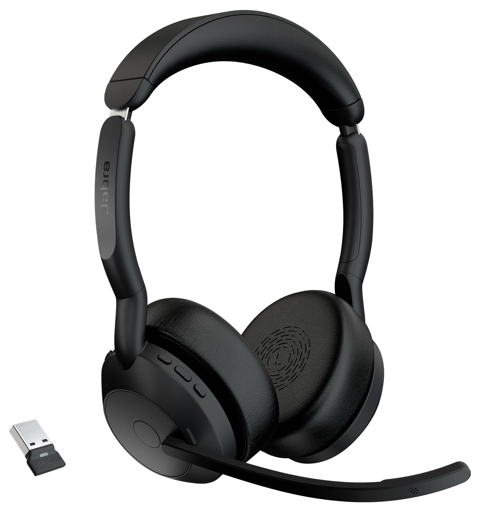 Casque sans fil noir avec perche microphone et dongle USB pour la connexion aux appareils. Idéal pour les appels téléphoniques ou la musique.