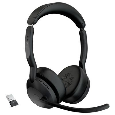 Casque sans fil noir avec perche microphone et dongle USB pour la connexion aux appareils. Idéal pour les appels téléphoniques ou la musique.