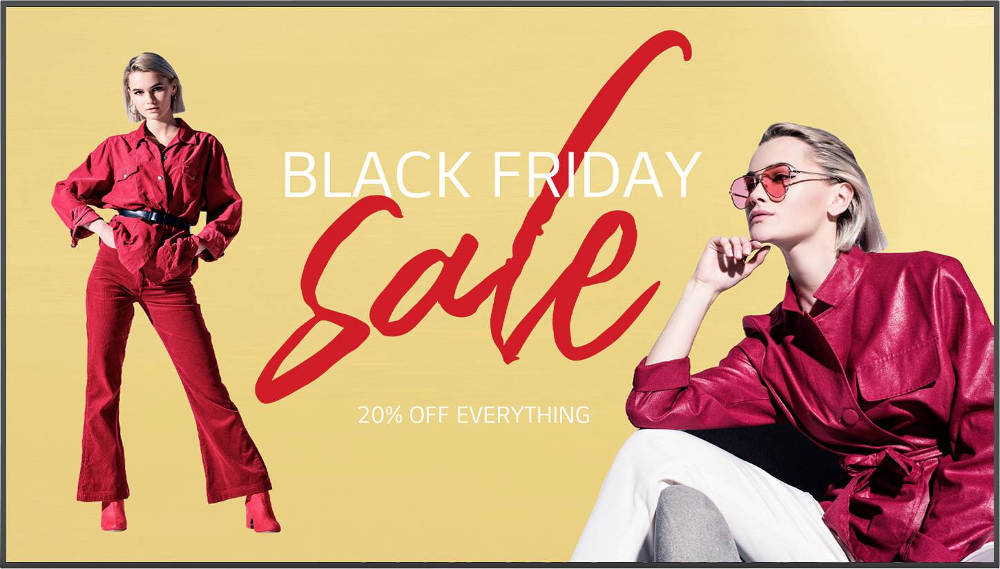 Bannière de « Vente du Vendredi Noir » présentant une femme en tenue rouge. Le texte indique « -20% sur tout » sur un fond jaune.