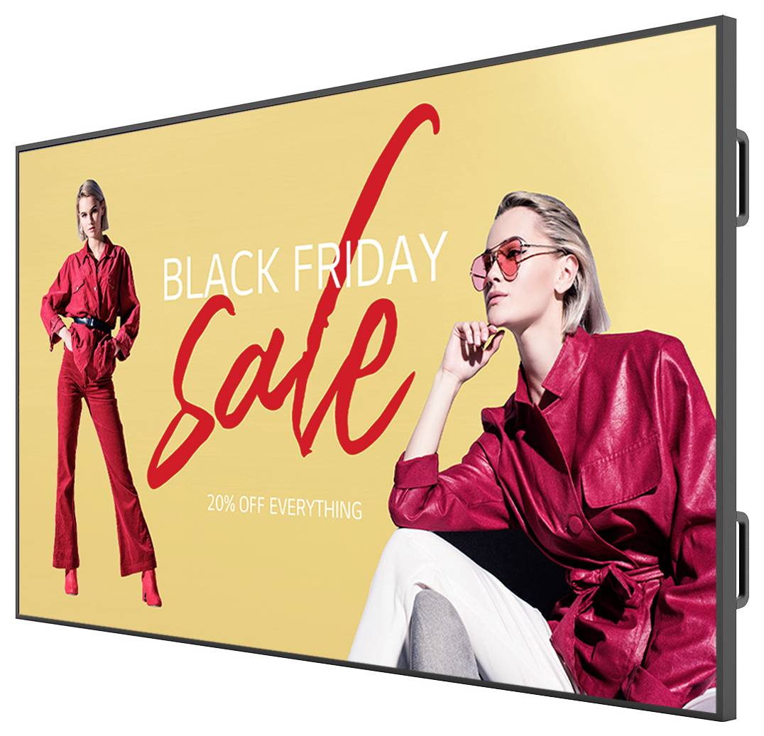 « Vente du Black Friday » en gras en rouge sur un fond jaune, avec une femme portant une tenue élégante rouge et des lunettes de soleil, faisant la promotion d'une réduction de 20 % sur tous les articles.