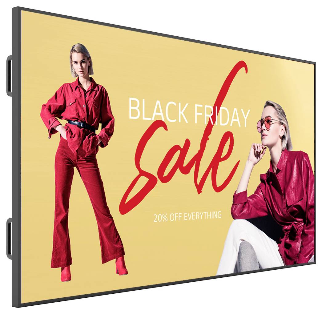 Femme en tenue rouge posant des deux côtés contre un fond jaune. Le texte indique « Soldes du Black Friday » et « -20% sur tout ».