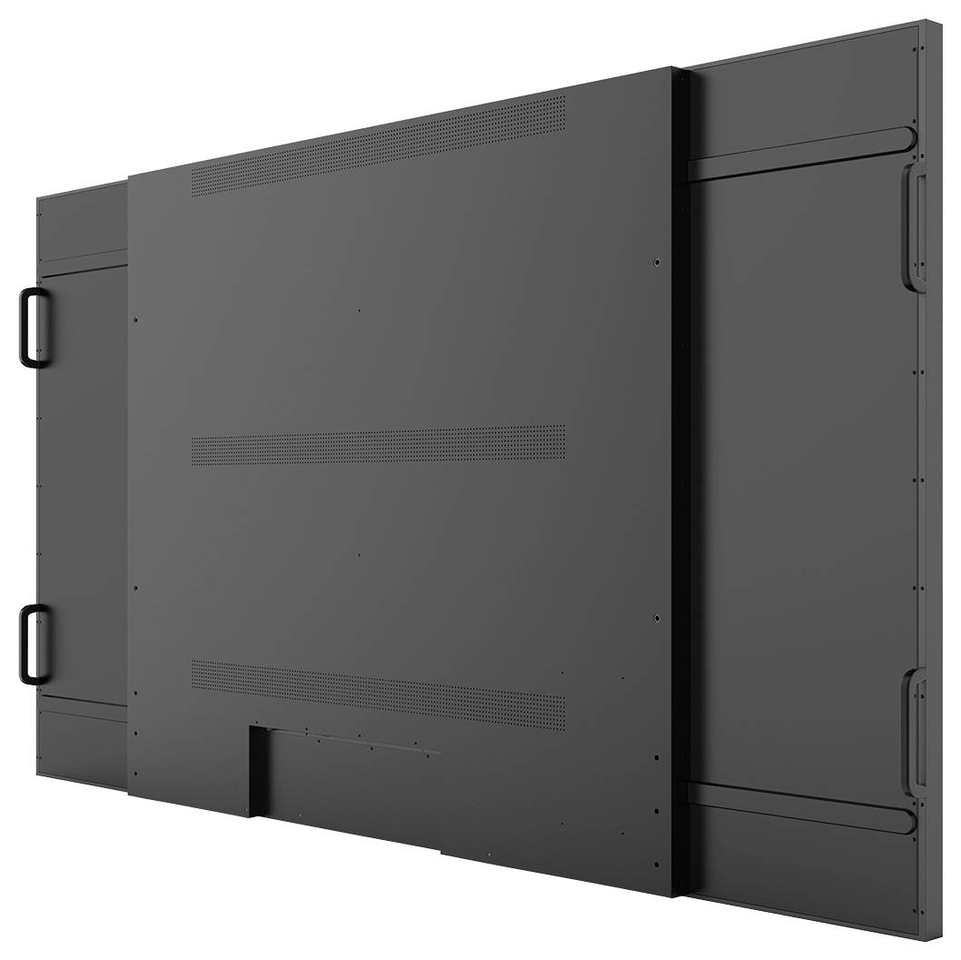 Vue arrière d'un grand panneau d'affichage noir avec deux poignées latérales et des grilles de ventilation mettant en valeur le design industriel et la fonctionnalité.