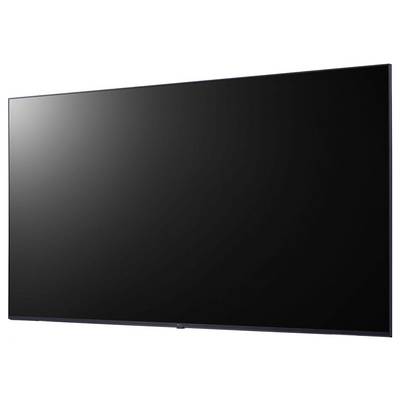 Un grand téléviseur à écran plat avec un écran noir, vu en angle sur un fond blanc.