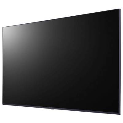Un téléviseur à écran plat grand et élégant, avec un fin cadre noir, monté sur un fond blanc.