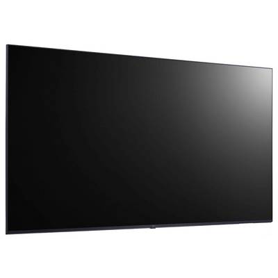Un téléviseur noir à écran plat avec un design épuré et moderne, orienté légèrement vers la gauche.