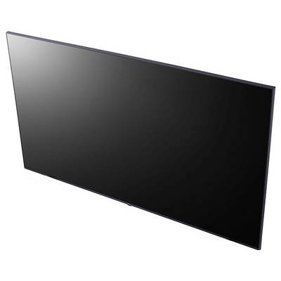 Un téléviseur noir élégant à écran plat, avec un fin cadre, présenté en angle sur un fond uni.
