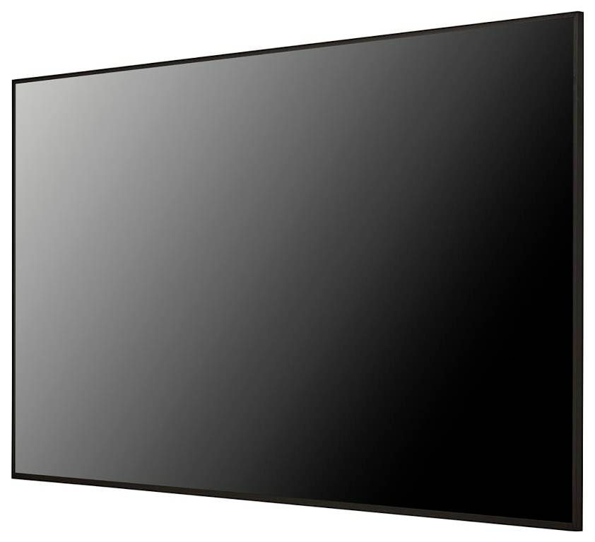Un grand écran noir vierge avec un fin encadrement, ressemblant à un téléviseur plat moderne, vu sous un léger angle.