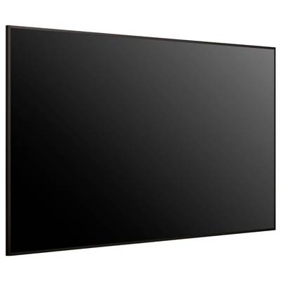 Un téléviseur noir à écran plat avec un fin contour, vu en biais, affichant un écran blanc et réfléchissant.