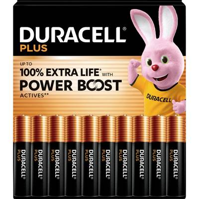 Dix piles AA Duracell Plus avec l'inscription « 100% extra life » et une mascotte lapin rose sur l'emballage.