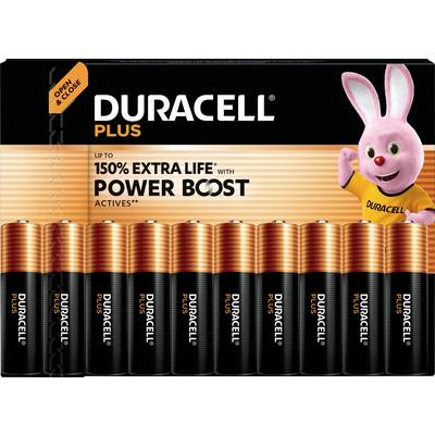 Un pack de dix piles AA de la marque Duracell Plus. Le slogan indique : 'Jusqu'à 150% de durée de vie en plus avec Power Boost'. Un lapin rose est représenté.