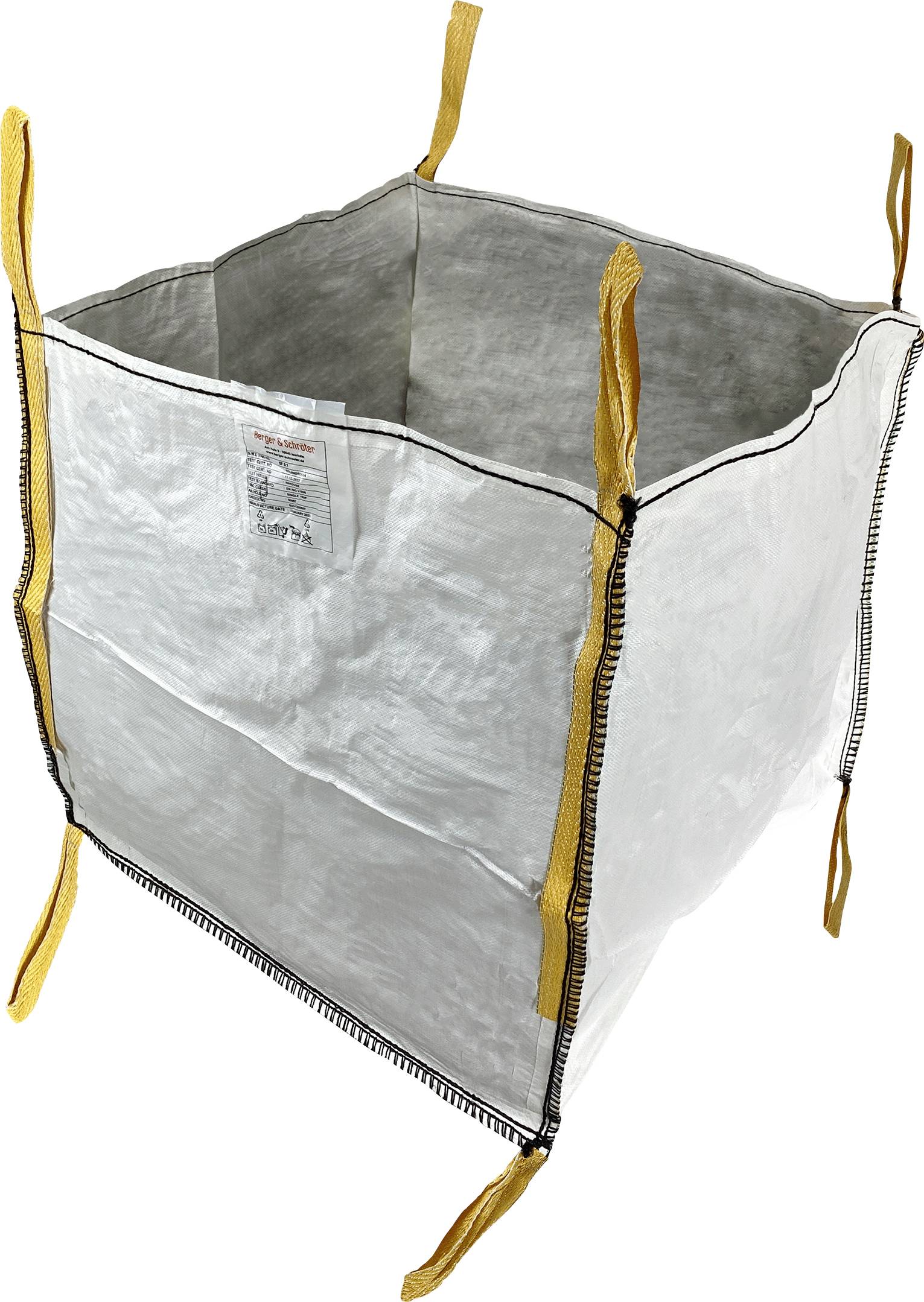 Un grand sac blanc ouvert avec quatre anses jaunes aux coins, utilisé pour le transport de matériaux en vrac comme du sable ou du gravier.