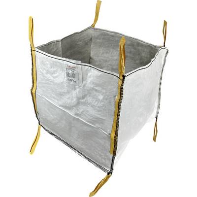 Un grand sac blanc ouvert avec quatre anses jaunes aux coins, utilisé pour le transport de matériaux en vrac comme du sable ou du gravier.