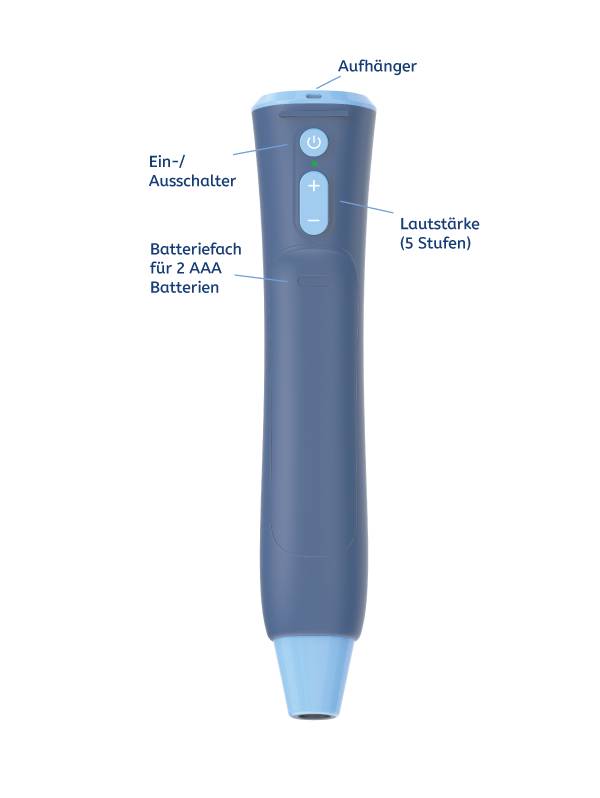 Stylo électronique bleu avec interrupteur marche/arrêt, contrôle du volume, compartiment pour 2 piles AAA et anneau de suspension.