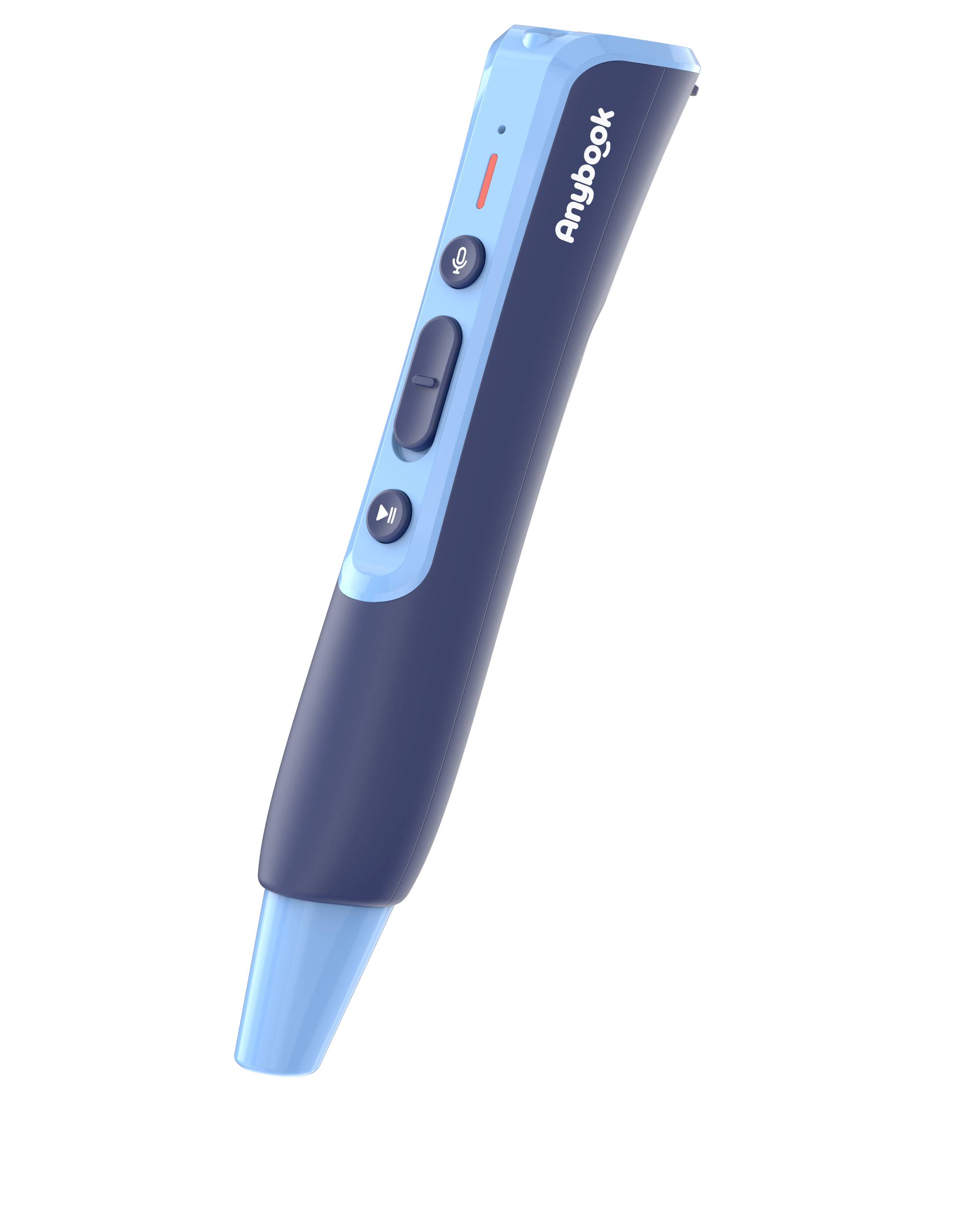 Un stylo audiovisuel bleu avec des touches de commande, adapté aux jeux d'apprentissage interactifs et à l'amélioration des compétences linguistiques chez les enfants.