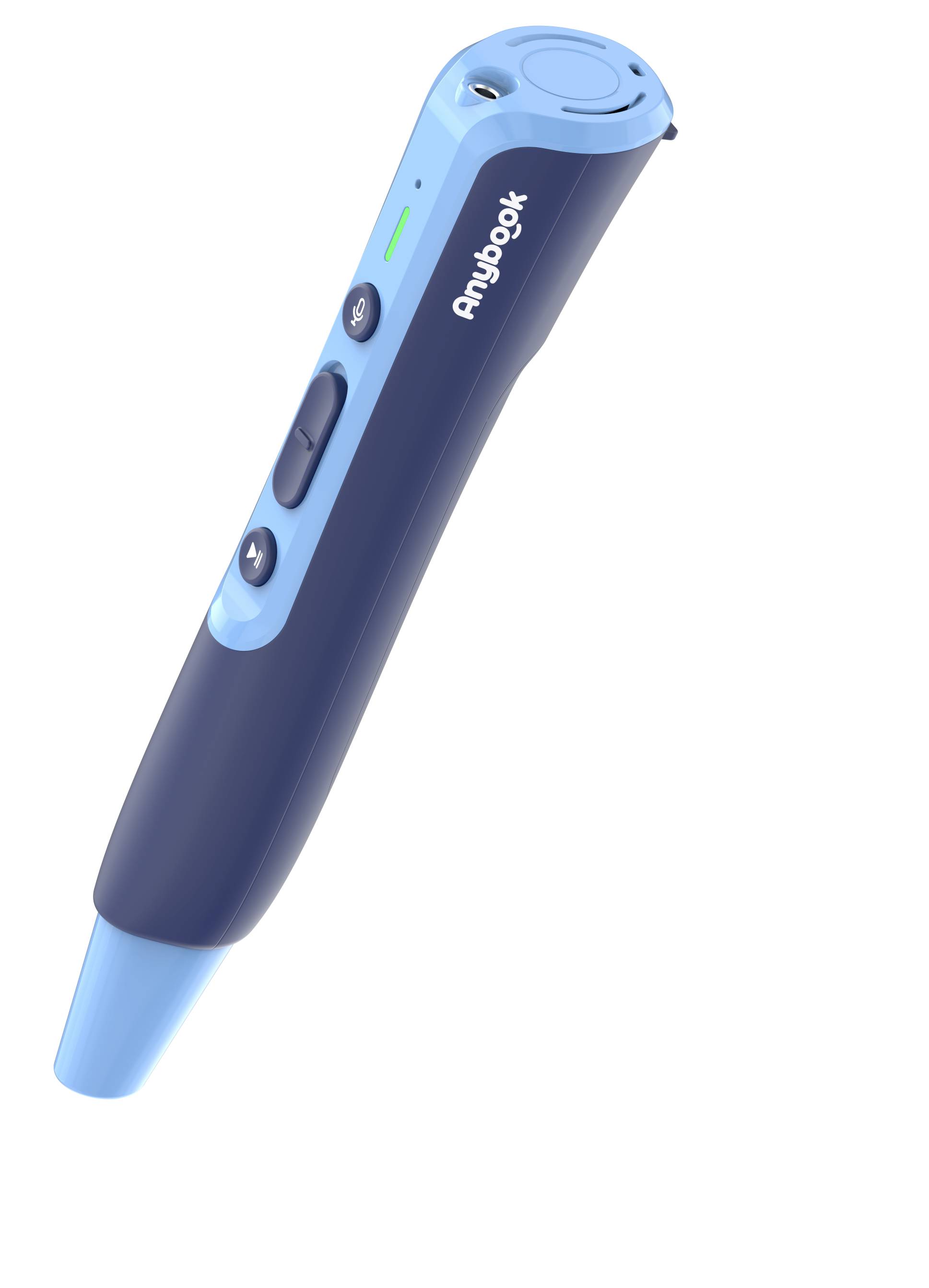 Un stylo audio bleu-noir de la marque 'Anybook', équipé de touches et d'un haut-parleur, sert à lire des textes à voix haute.
