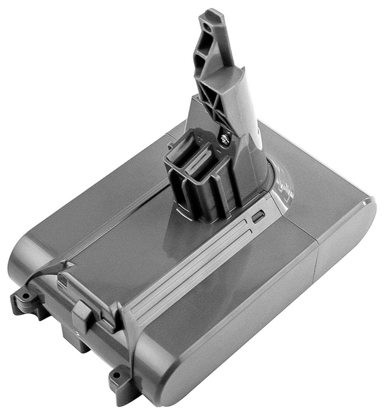 Une batterie d'aspirateur grise de forme parallélépipédique avec plusieurs points de connexion et une surface lisse.