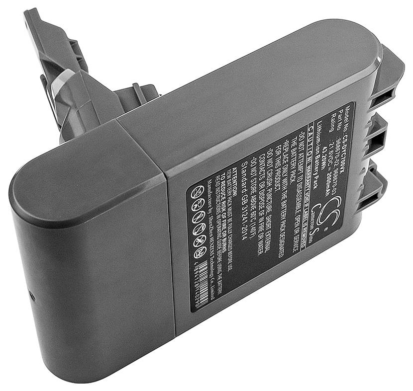 Batterie grise avec autocollants noirs et spécifications techniques ; adaptée à divers appareils électroniques.