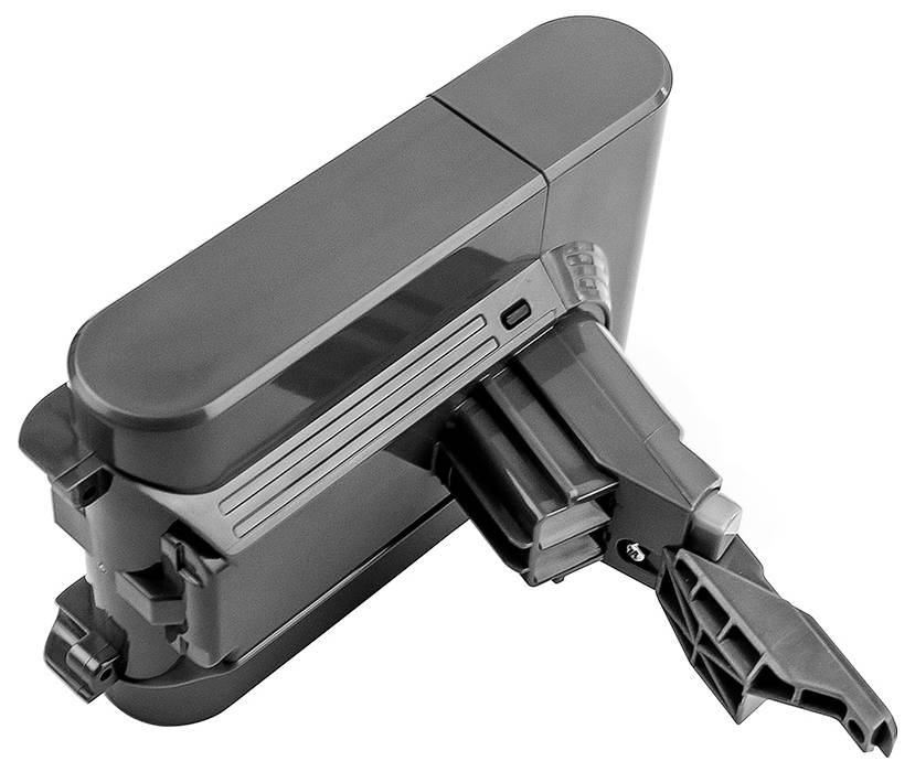 Un appareil noir de forme rectangulaire, avec un interrupteur latéral, une connexion et un support pliable.