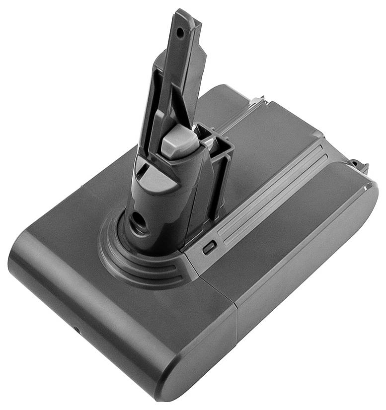 Batterie noire rectangulaire avec support vertical, adaptée aux appareils électroniques tels que les aspirateurs ou autres appareils électroménagers.