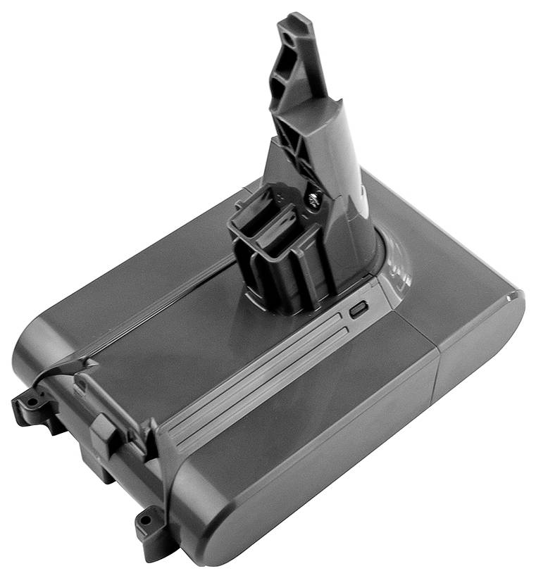 Une batterie de rechange grise pour aspirateur, de forme rectangulaire compacte, avec un connecteur sur le dessus.