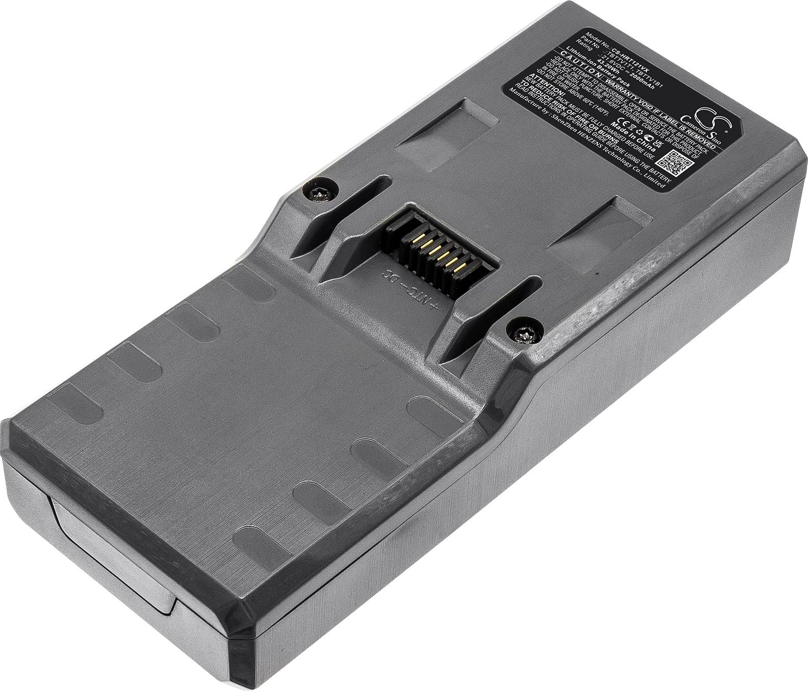 Une batterie rectangulaire avec des informations techniques sur l'étiquette. Elle a des connexions sur un côté et est dans un boîtier métallique.