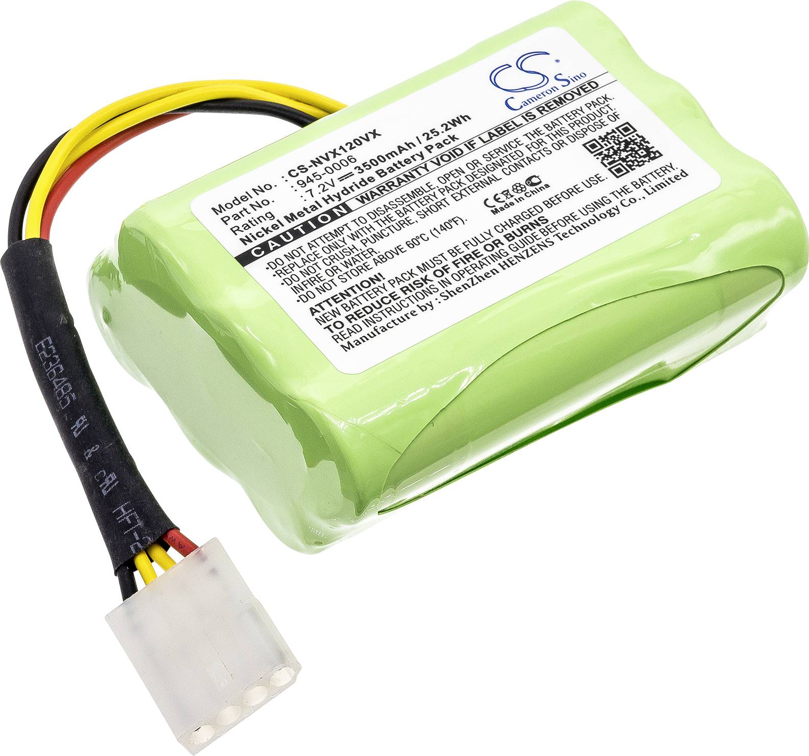 Une batterie verte rectangulaire avec une étiquette collée, montrant les spécifications techniques et un câble avec des fils multicolores.