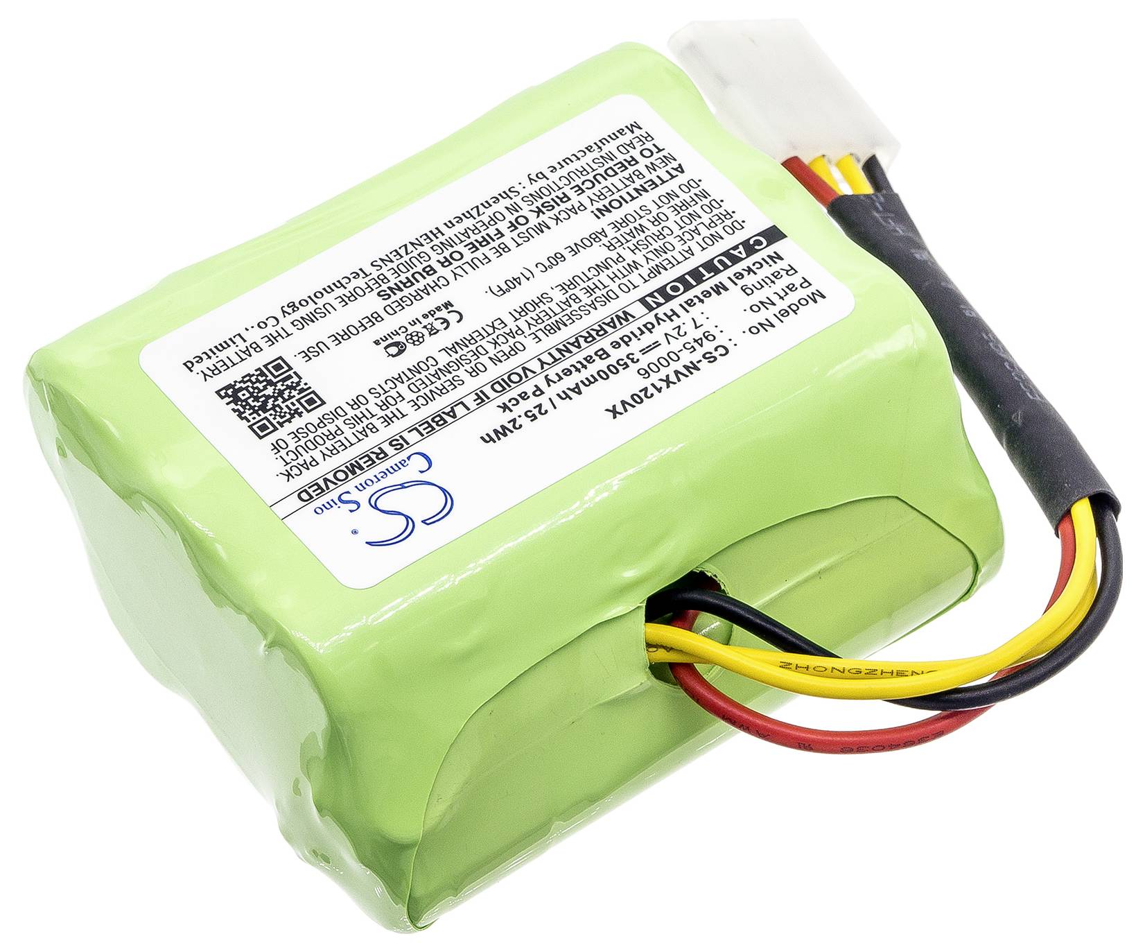Batterie verte rectangulaire avec des câbles blancs, jaunes et rouges. Contient une étiquette blanche avec du texte et un code QR.
