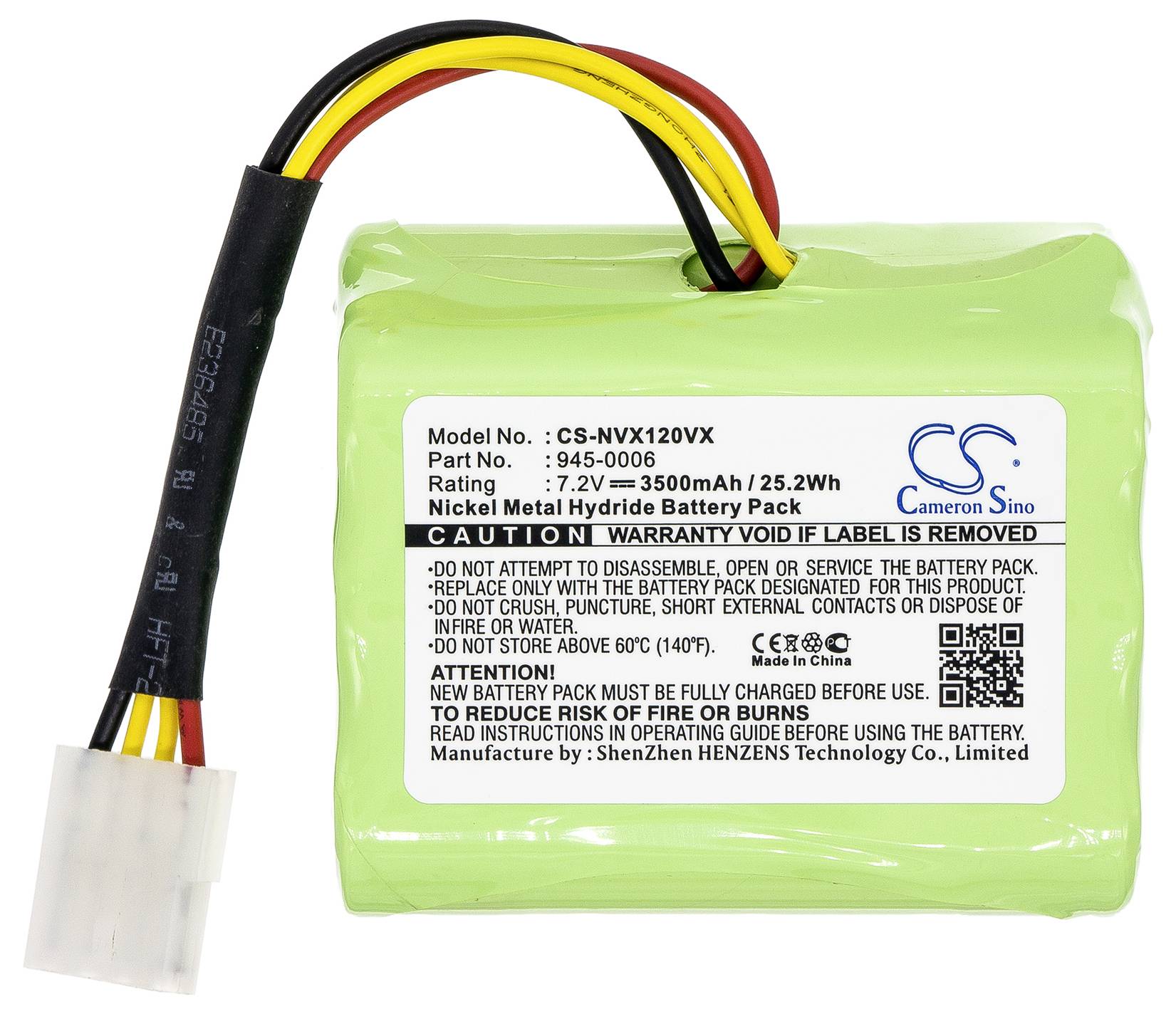 Bloc-batterie avec boîtier vert et câble multicolore. L'inscription indique le numéro de modèle et une capacité de 3500mAh à 7,2V.