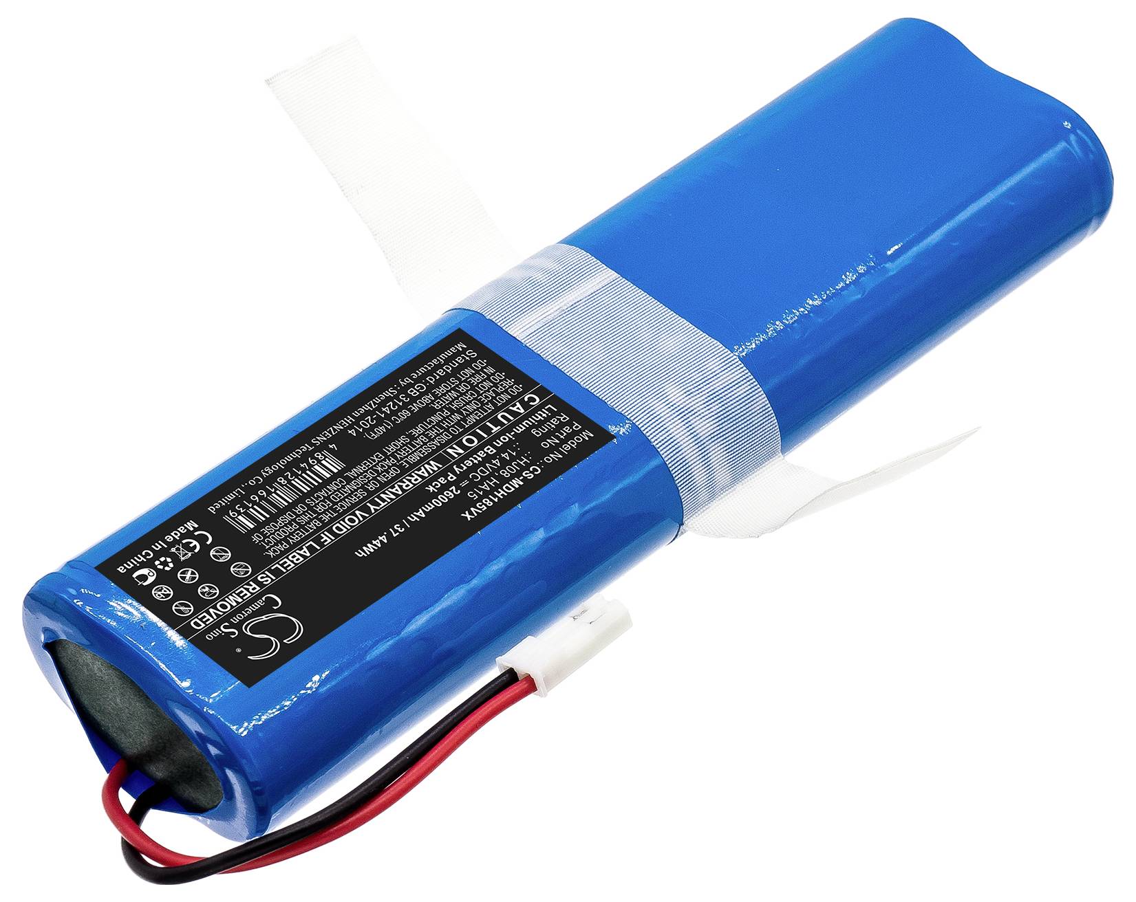 Batterie lithium-ion bleue avec deux câbles et connecteur de branchement, adaptée aux appareils électroniques.