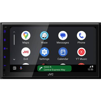L'image montre un écran d'autoradio avec des applications telles que 'Maps', 'Waze', 'Messages' et 'Phone', ainsi qu'une instruction de navigation indiquant 1000 ft sur le Central Express Way.