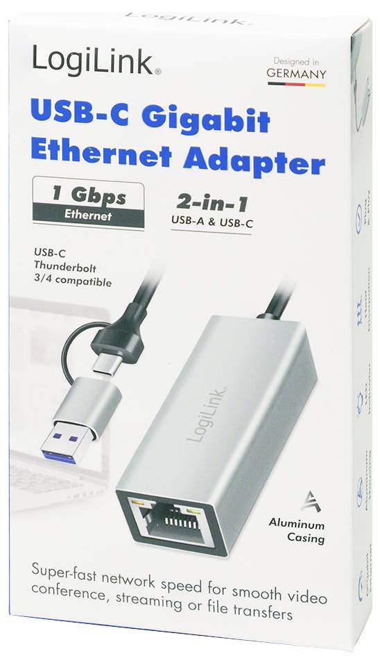 Emballage d'un adaptateur Ethernet Gigabit USB-C LogiLink, vitesse de 1 Gbps, 2-en-1 USB-A et USB-C, boîtier en aluminium.