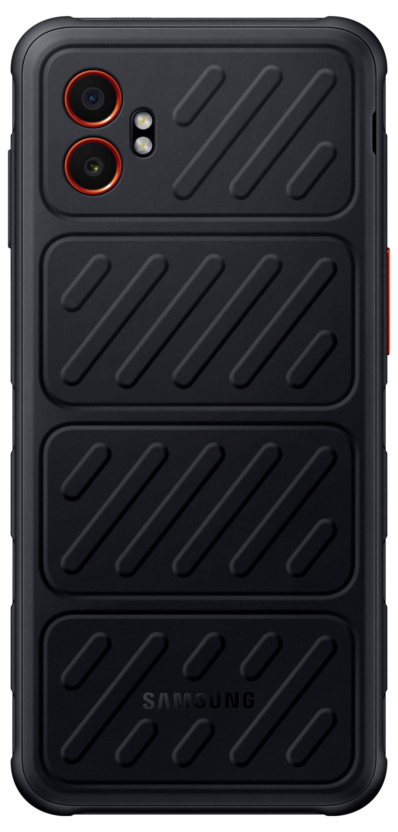 Vue arrière d'un smartphone noir Samsung avec un boîtier texturé antidérapant et deux objectifs de caméra avec flash.