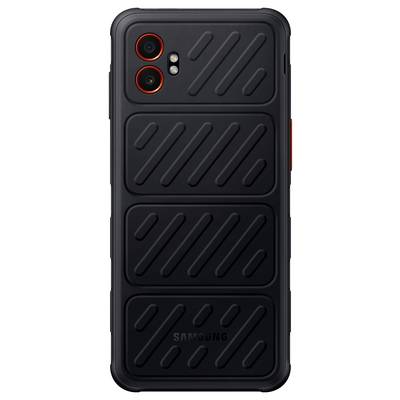 Vue arrière d'un smartphone noir Samsung avec un boîtier texturé antidérapant et deux objectifs de caméra avec flash.