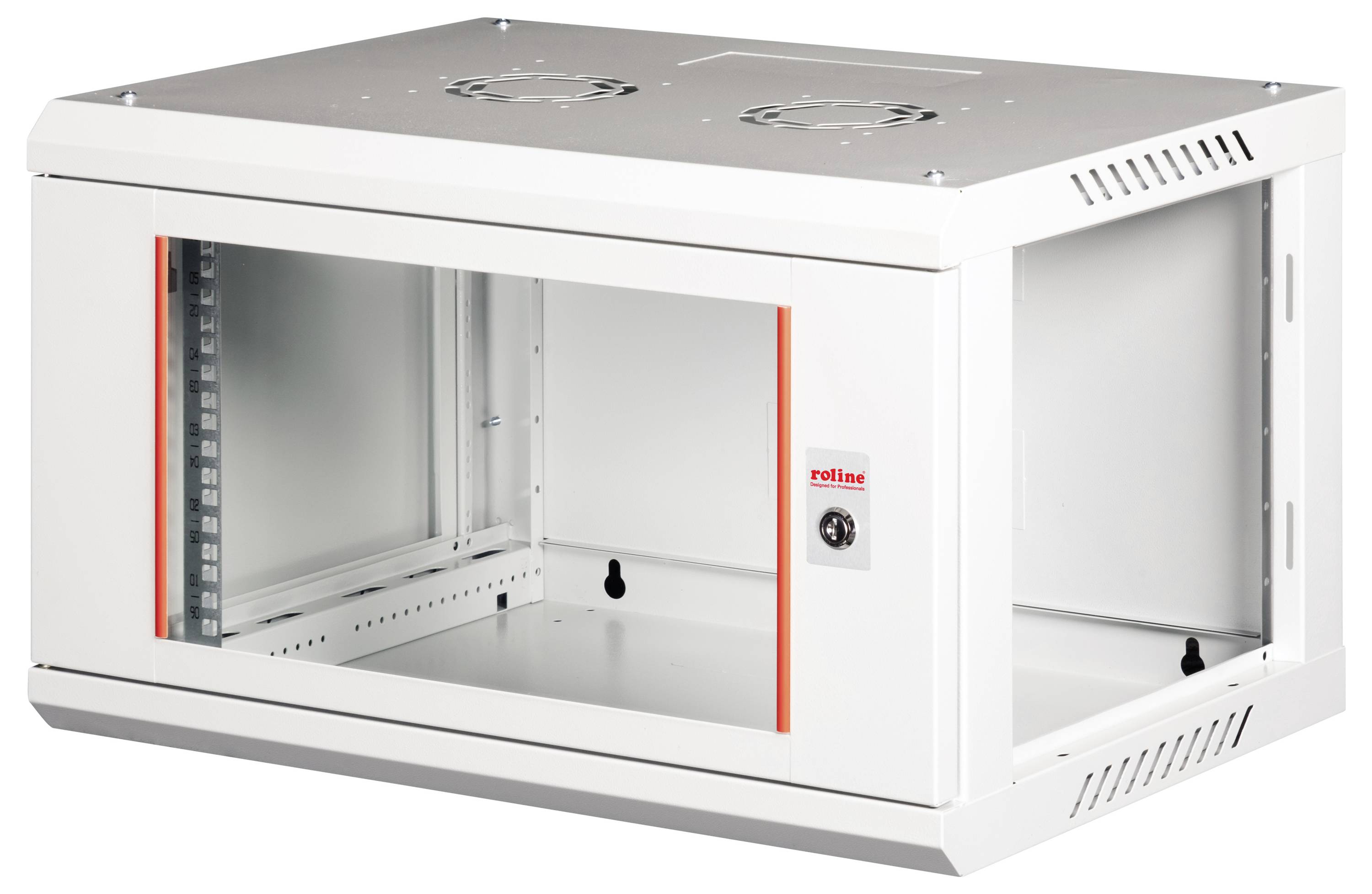 Une armoire de serveur réseau blanche, rectangulaire, avec une porte avant transparente, des ventilateurs de ventilation sur le dessus et un verrou de sécurité sur le côté.