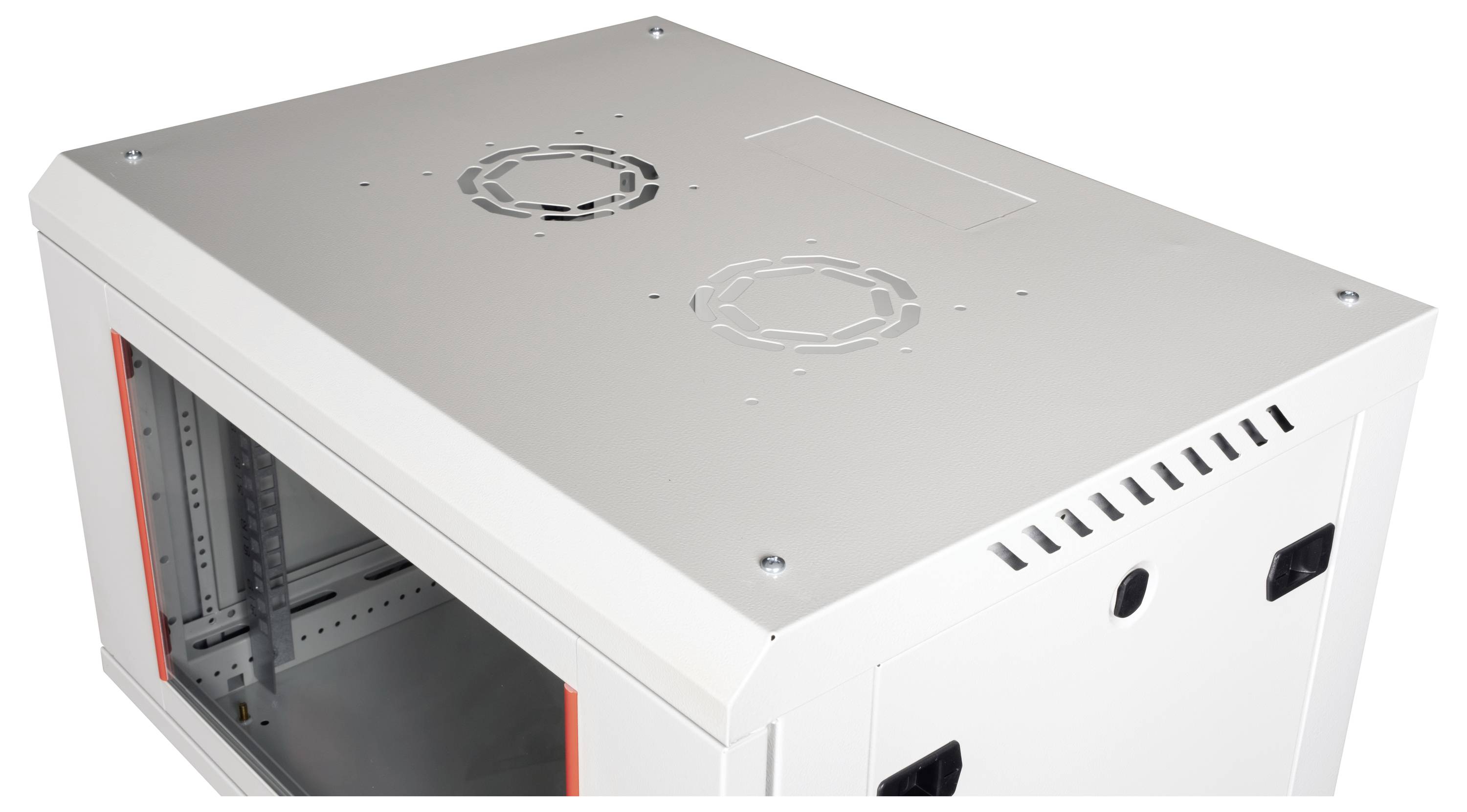 Une armoire métallique blanche avec une porte vitrée et des évents de refroidissement en haut, conçue pour abriter du matériel électronique ou des serveurs.